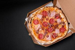 Delicious fresh oven baked pizza with salami, meat, cheese, tomatoes photo