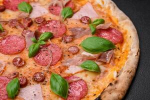 Delicious fresh oven baked pizza with salami, meat, cheese, tomatoes photo