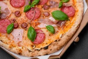 Delicious fresh oven baked pizza with salami, meat, cheese, tomatoes photo