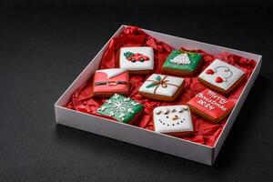 Delicious fresh colorful Christmas or New Year gingerbread cookies photo