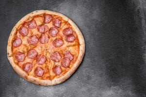 Tasty fresh pizza with salami, cheese, tomatoes, spices and salt photo