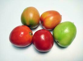 Tomates de diferente colores aislado en blanco antecedentes. el color varía dependiente en el la licenciatura de madurez. foto