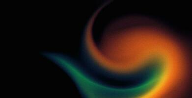 Dark grainy gradient background, orange green yellow abstract swirl shape on black, noise texture effect photo