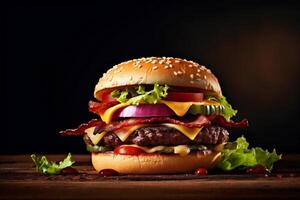 food meat burger sandwich snack fat fast food hamburger beef fast. Generative AI. photo