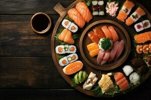 japonés rodar Mariscos asiático pescado comida arroz Fresco sano Sushi. generativo ai. foto