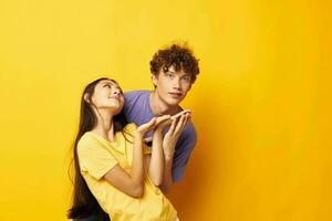 teenagers in colorful t-shirts posing friendship fun Lifestyle unaltered photo