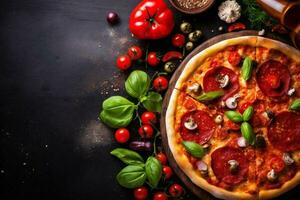 italian pizza food fast tomato cheese black meal copy background food fast space. Generative AI. photo