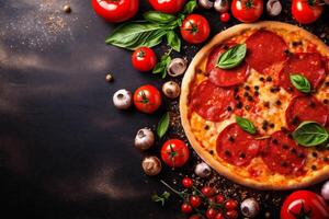 background meal tomato food black space copy cheese italian pizza traditional food fast. Generative AI. photo