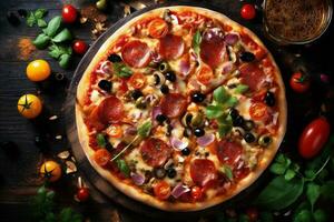 meal table space pizza black fast tomato italian copy food food cheese background. Generative AI. photo