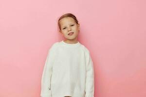 Portrait of happy smiling child girl gesture hands emotions grimace isolated background photo