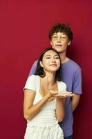 young man and girl hand gesture fun friendship isolated background photo