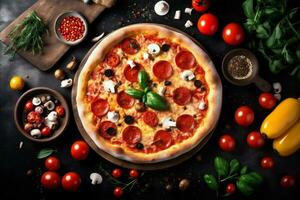 food space cheese restaurant meal fast food copy italian pizza tomato black background. Generative AI. photo