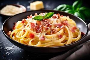 meat italian meal bacon food carbonara sauce cheese spaghetti pasta. Generative AI. photo