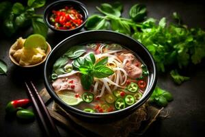 japanese food soup asian background fresh meal vegetable hot noodle bowl. Generative AI. photo