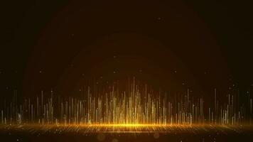 Abstract elegant golden glowing lines going up with glowing lighting effect, bokeh effect and floor reflection on black background. Golden dust sparkling and luxury particles raising. video