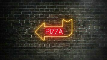 Pizza arrow neon real signboard on bricks wall background. Horizontal arrow in left direction with pizza word in the middle in neon colors, yellow arrow and red pizza letters. video