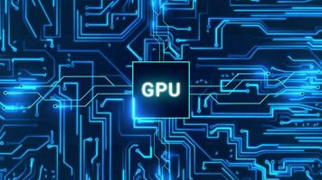 Circuit board with moving electrons and graphics processing unit GPU. Data flow on a motherboard. Glowing circuit boards and electronic components. Concept of networking and cloud computing. video