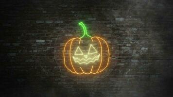 Pumpkin face neon signboard on bricks wall background. Concept of pumpking halloween. video
