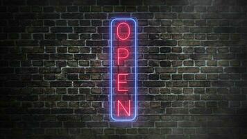 Open neon signboard, simulation of real signboard on bricks wall background. Blue frame with letters in red neon colors. Open retro signboard video