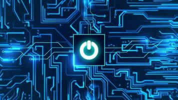 Circuit board with moving electrons and power, on or off. Data flow on a motherboard. Glowing circuit boards and electronic components. Concept of digitalization process and networks. video