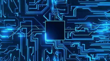 Circuit board with moving electrons and empty space square. Data flow on a motherboard. Glowing circuit boards and electronic components. Concept of digital communication, cloud computing, processing. video