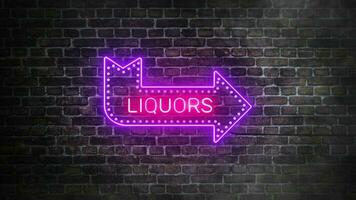 Liquors arrow neon real signboard on bricks wall background. Horizontal arrow in right direction with liquors word in the middle in neon colors, violet arrow and pink liquors letters. video