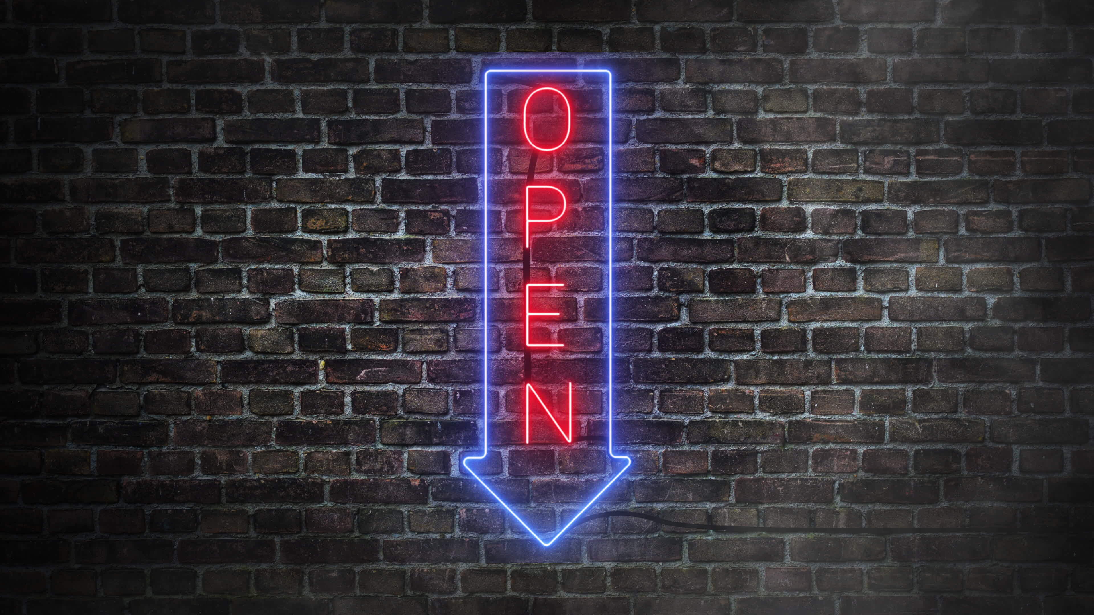 vertical-open-with-arrow-in-down-direction-neon-signboard-on-bricks