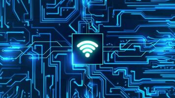 stroomkring bord met in beweging elektronen en Wifi symbool of icoon. gegevens stromen Aan een moederbord. gloeiend stroomkring borden en elektronisch componenten. concept van hoge snelheid internetten, volgende generatie netwerken. video