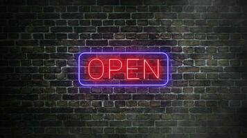 Open neon real signboard on bricks wall background. video