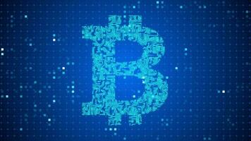 Bitcoin crypto currency symbol made of glowing circuit board with moving electrons on blue cyberspace background. Concept of blockchain technology and Bitcoin mining. video