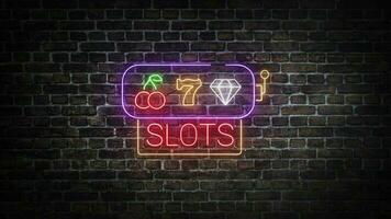 Slots machine neon signboard on brick wall background. Shiny illuminated red slots signboard neon, number seven of luck, white neon diamond, red bright berries. video