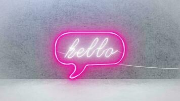 Hello message into a bubble chat neon real signboard on wet wall background. video