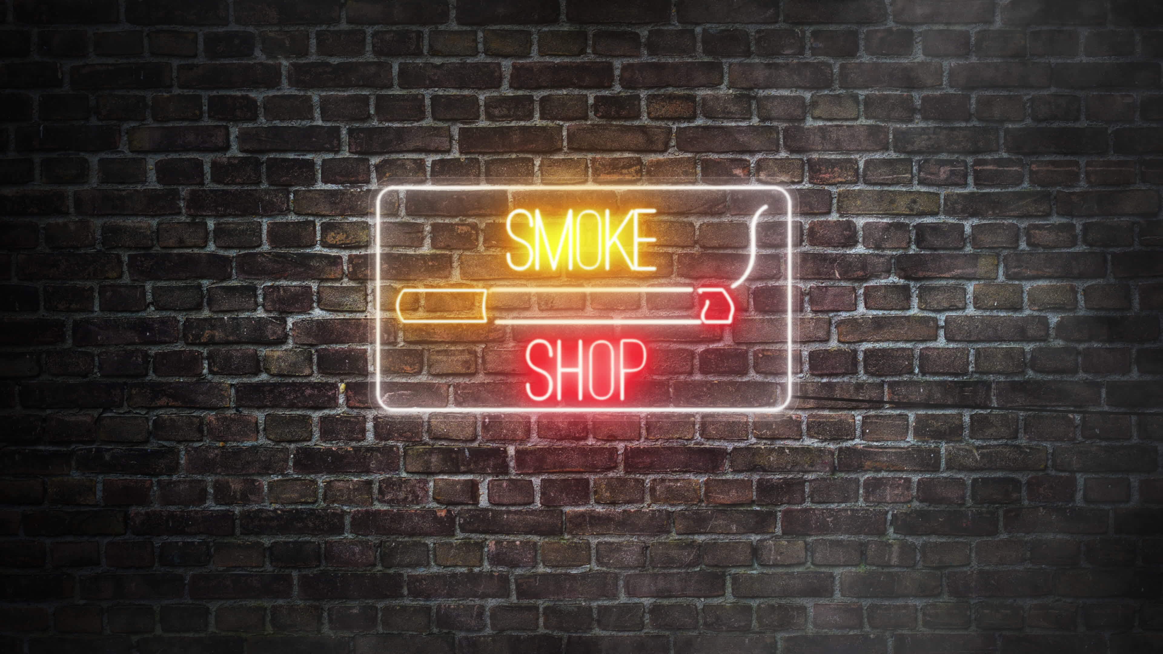 Smoke shop neon real signboard on bricks wall background. Cigarrete on
