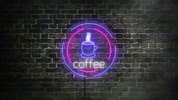 Kaffee Logo Neon- Schild auf Ziegel Mauer Hintergrund. Kaffee Becher Neon- und Kaffee Neon- Briefe. realistisch Neon- Schild mit Kaffee Design video