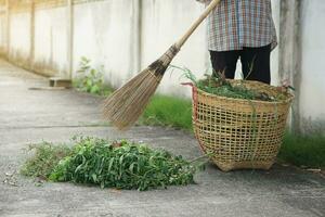 Closeup vellager holds stick broom to sweep pile of grass beside the street and put in the basket. Concept, community service, get rid of grass and garbage beside street. photo