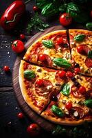 pizza tomato copy cheese food fast background meal black space italian closeup food. Generative AI. photo