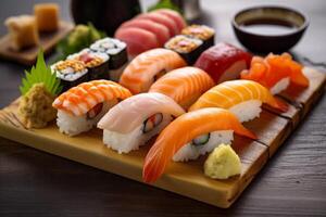 food japanese meal sushi set japan rice fish seafood roll. Generative AI. photo