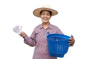 Happy senior woman farmer wears hat, plaid shirt, holds Thai banknotes money and blue basket, isolated on white background. Concept, Farmer happy to get profit, income from doing agriculture. photo