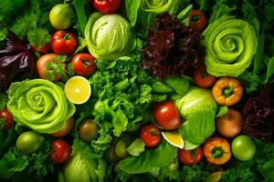 vegetarian raw healthy green dark background diet fresh salad vegetable food. Generative AI. photo