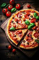 comida Pizza tomate negro Copiar comida rápido antecedentes cocido comida queso italiano espacio. generativo ai. foto