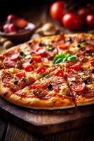 lunch italian pizza tomato food copy black cheese background food space meal fast. Generative AI. photo