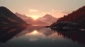 A sunset over a mountain with a calm lake in front photo