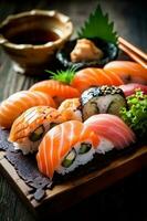 set japanese sushi roll food seafood meal japan rice fish. Generative AI. photo