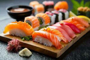 sushi japanese set roll rice fish meal seafood japan food. Generative AI. photo