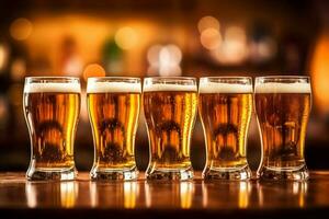 bebida oro alcohol cerveza espuma vaso pub medio litro bebida lager generativo ai. foto