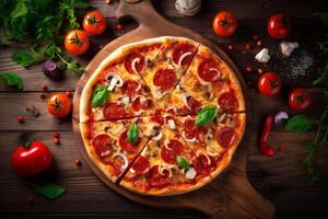 tomato black background food copy lunch cheese pizza fast meal italian food space. Generative AI. photo