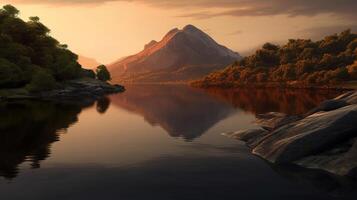 A sunset over a mountain with a calm lake in front photo