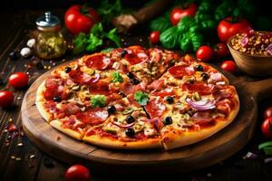 antecedentes espacio negro queso sabroso comida Pizza tomate comida italiano Copiar comida rápido. generativo ai. foto