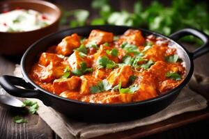 rice hot chicken indian asian dark background masala tikka sauce traditional. . photo