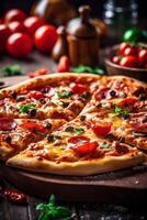 italian fast cheese food copy pizza meal background pepperoni food tomato space black. Generative AI. photo